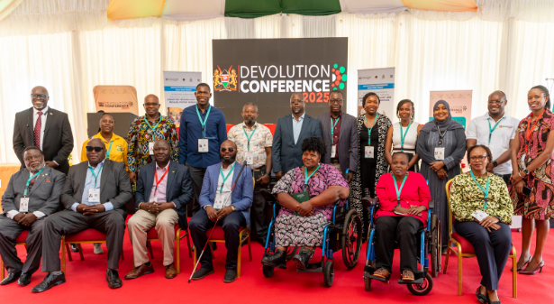 Speakers and panellists of the side event on advancing human rights and social justice through assistive technology and rehabilitation services, at the 2025 Devolution Conference. Pictured: Dr Ouma Oluga, Director Health, Council of Governors Khatra Ali, KEMSA CEO- Dr Waqo, CHAI Deputy Country Director Rosemary Kihoto and specialists from numerous disability domains